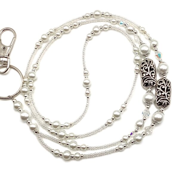 Classic White Pearl, Beaded Lanyard for, Badge, ID Holder, Keychain, Lanyard - Picture 2 of 5